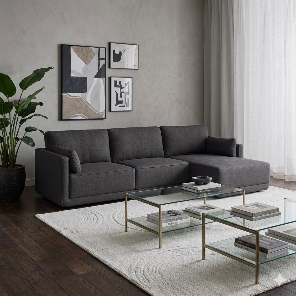 Low-profile charcoal fabric chaise sectional in a pale minimalist living room
