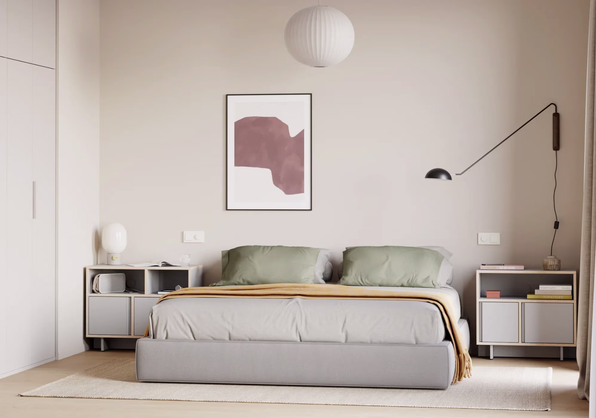 A bedside table in a furnished room
