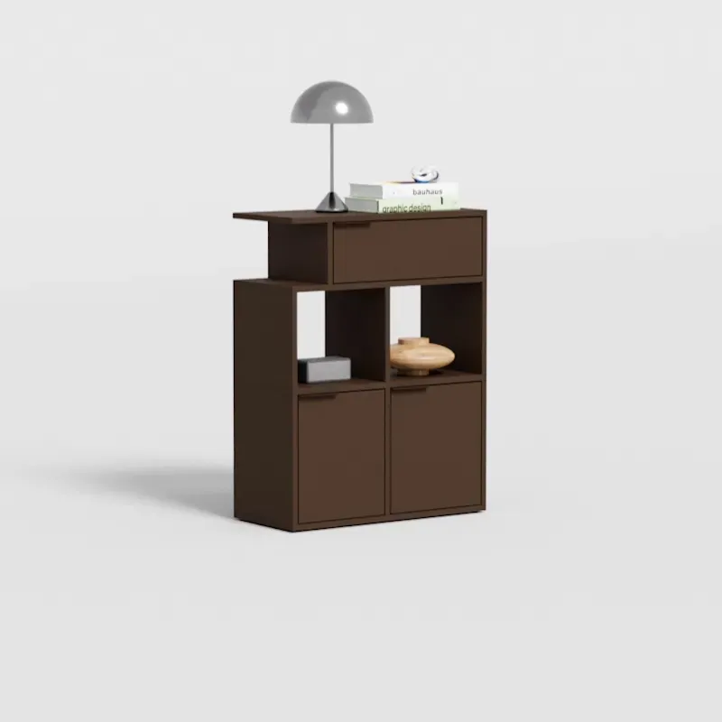 Bedside Table in Dark Brown with Doors and Drawers