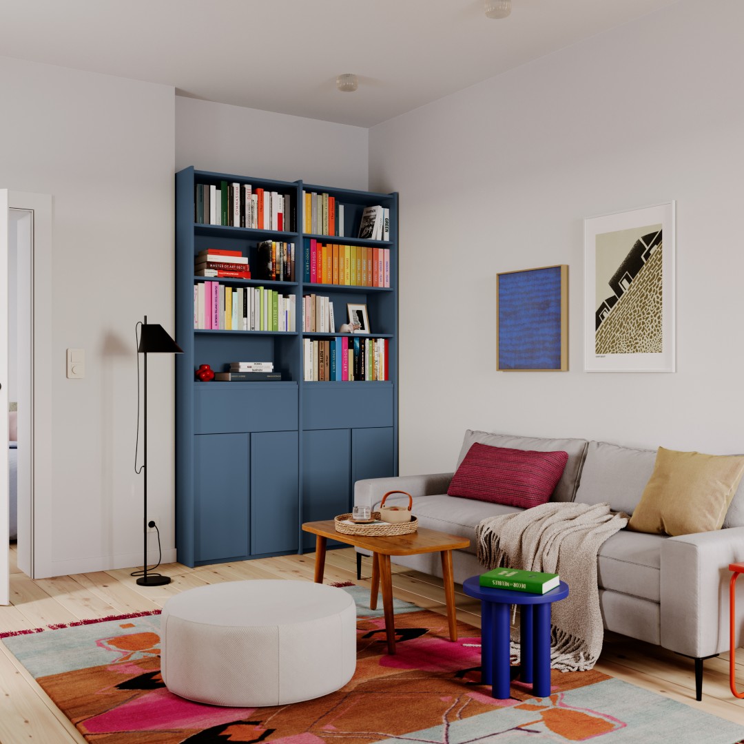 Bookcase in Dusk Blue with External Drawers
