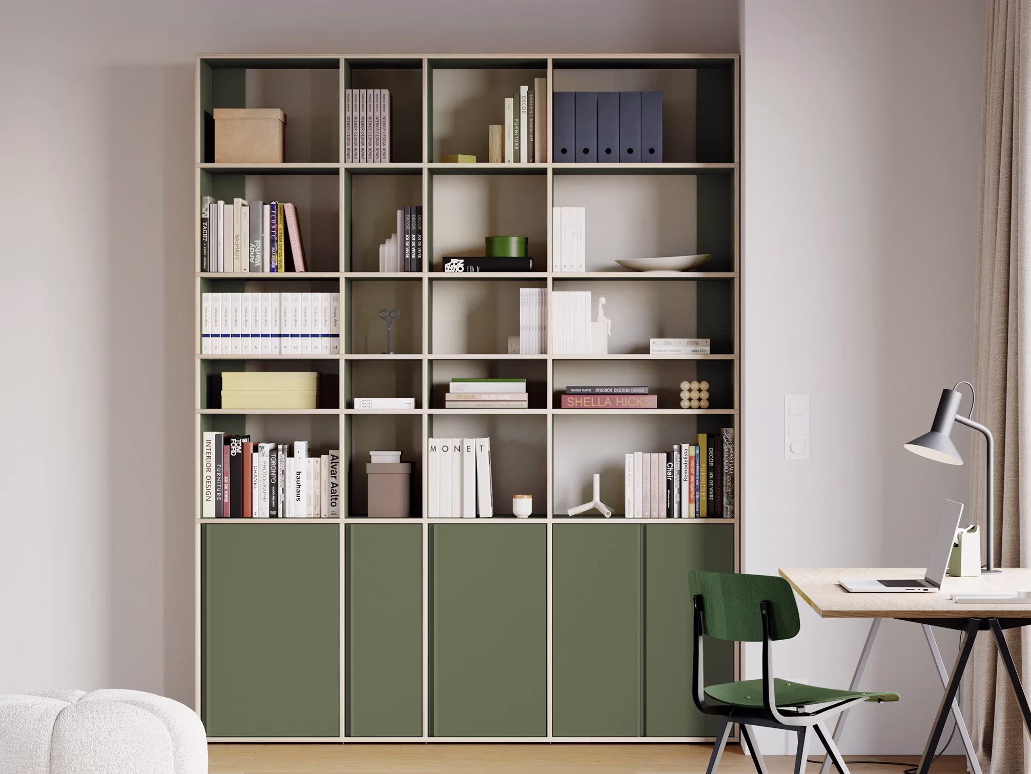 The same bookcase from an angle, showing its side profile