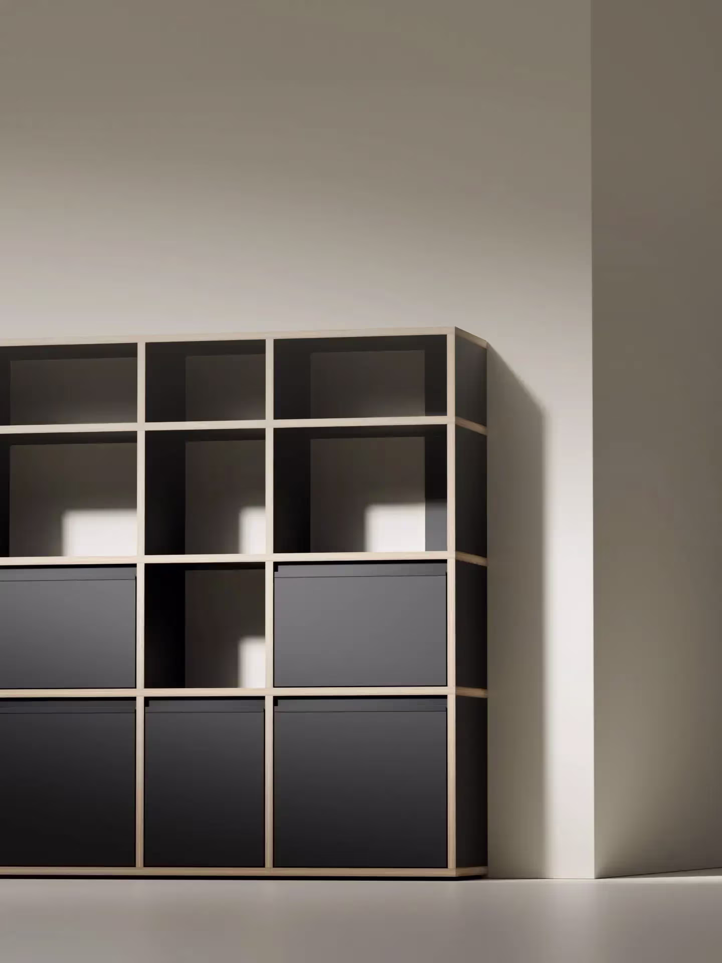 A dark bookcase fitted exactly into an alcove