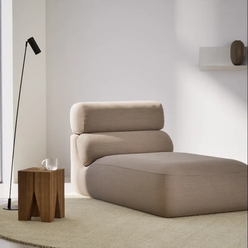 Armchair with chaise in beige corduroy