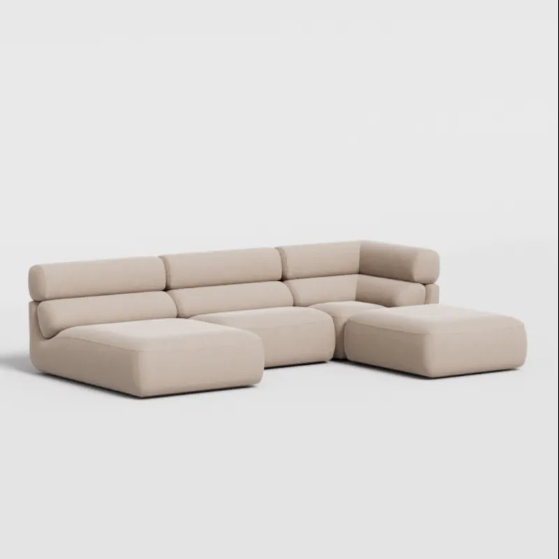 Large sofa with chaise in beige corduroy