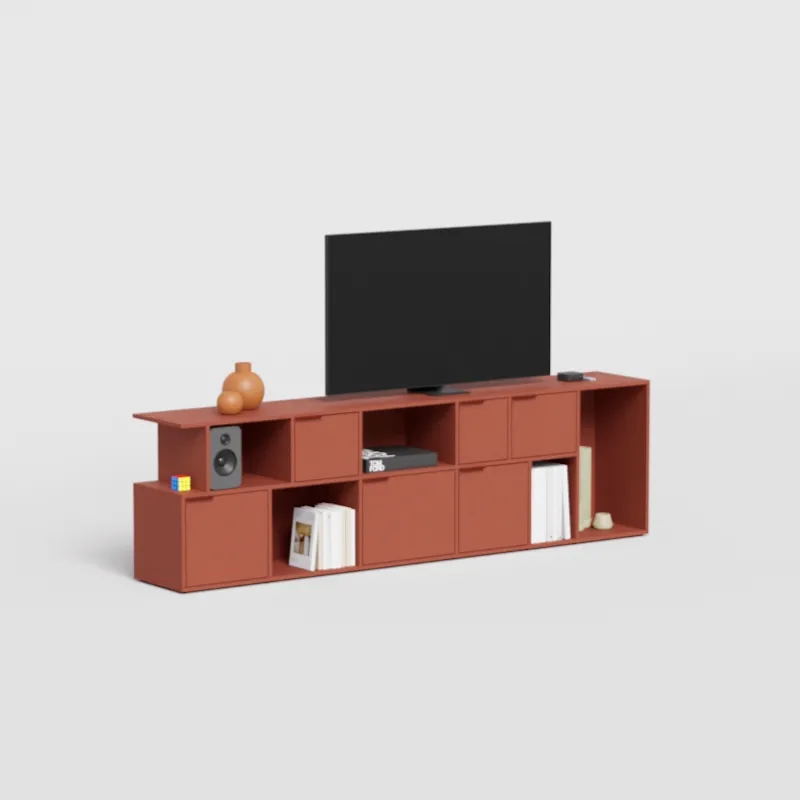 A TV stand in a furnished room