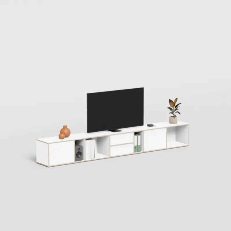 A TV stand in a furnished room