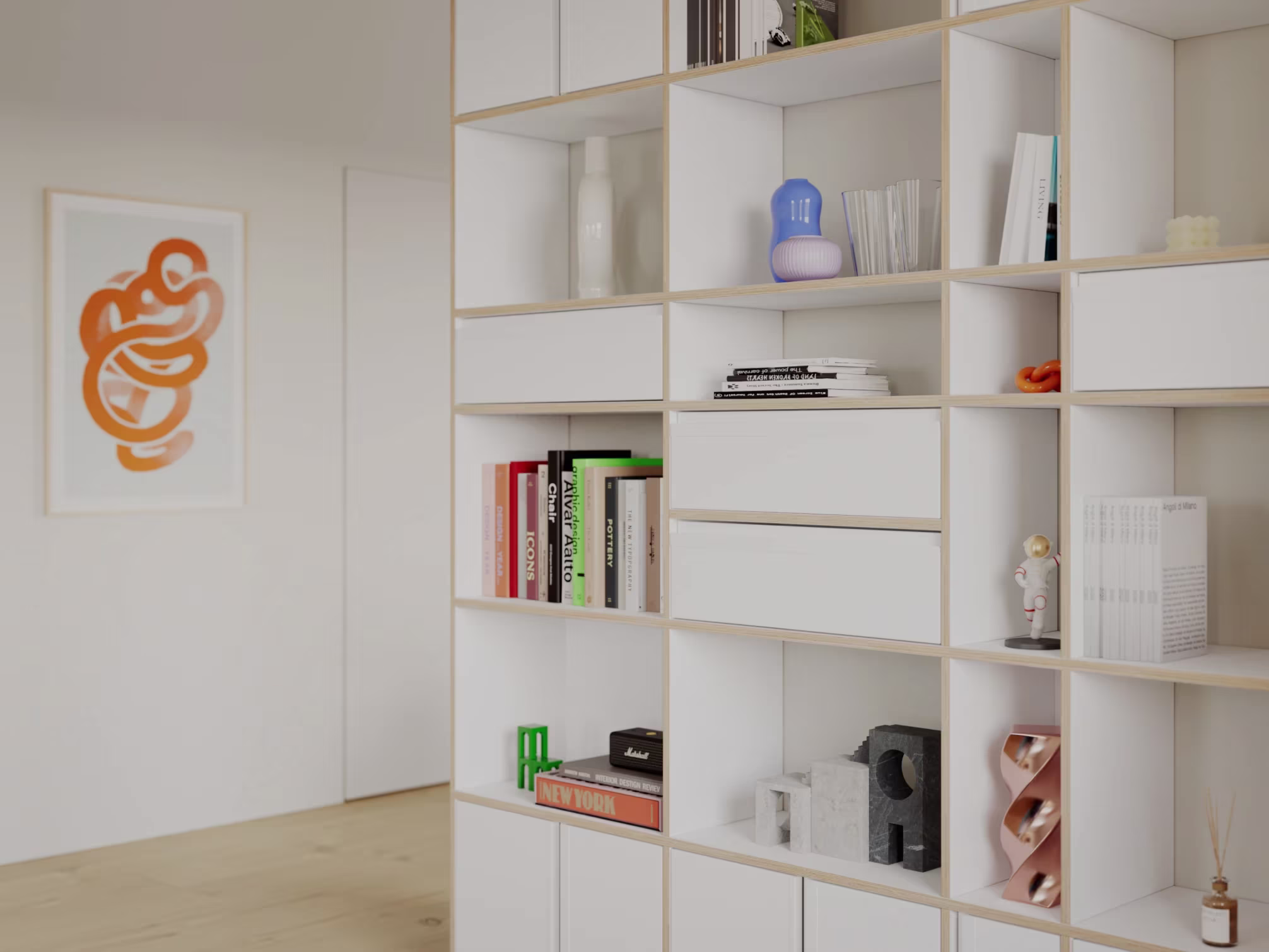 Wall storage in a furnished room