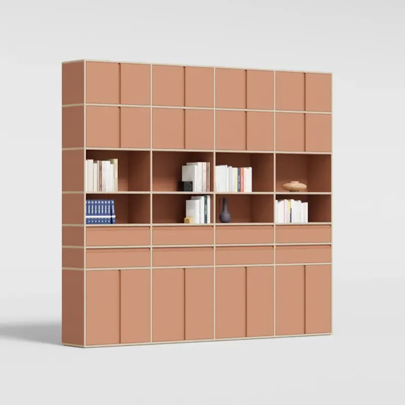 Wall Storage in Clay Brown Plywood with Doors and Drawers