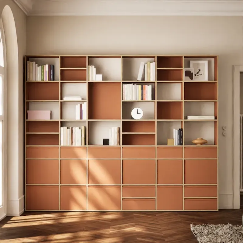 Wall Storage in Clay Brown Plywood with Doors and Drawers