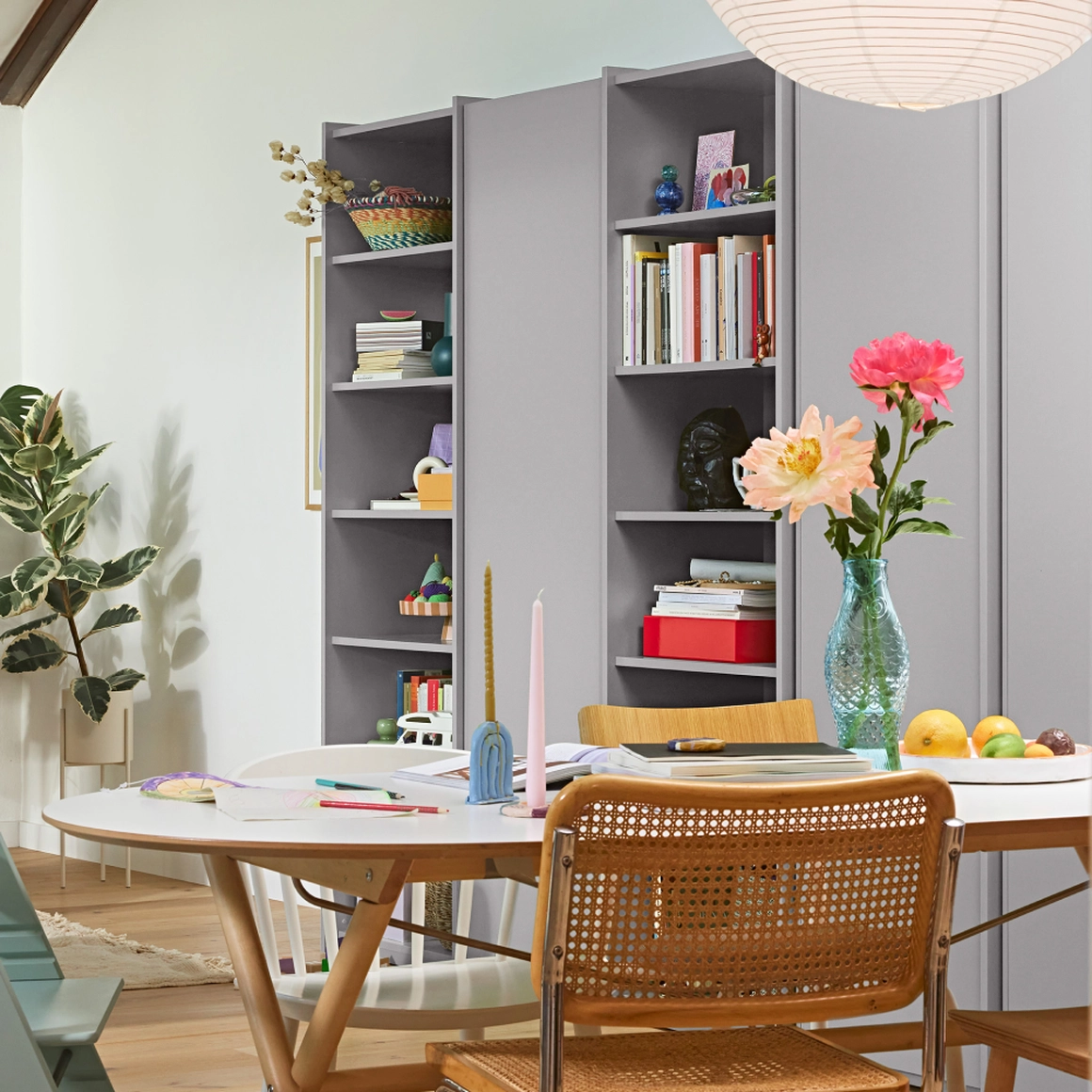 Wardrobe in Light Silver, two columns — internal drawers and rail