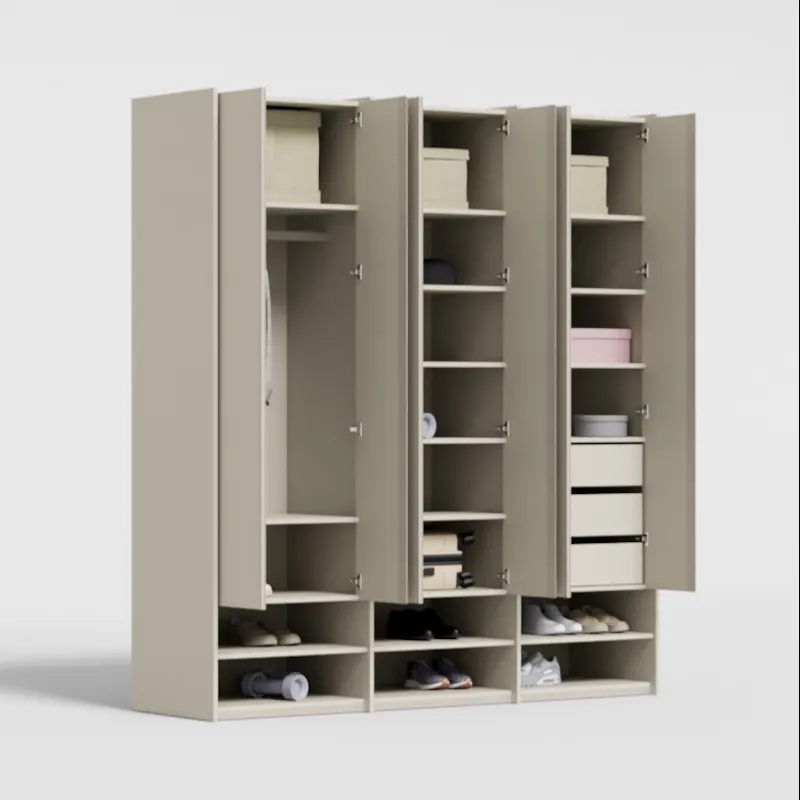 Wardrobe in Rosy Granite, three columns — internal drawers and rail