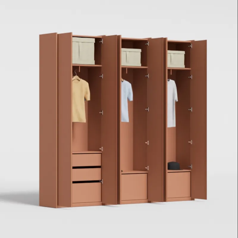 Wardrobe in Clay Brown, three columns — internal drawers and rail