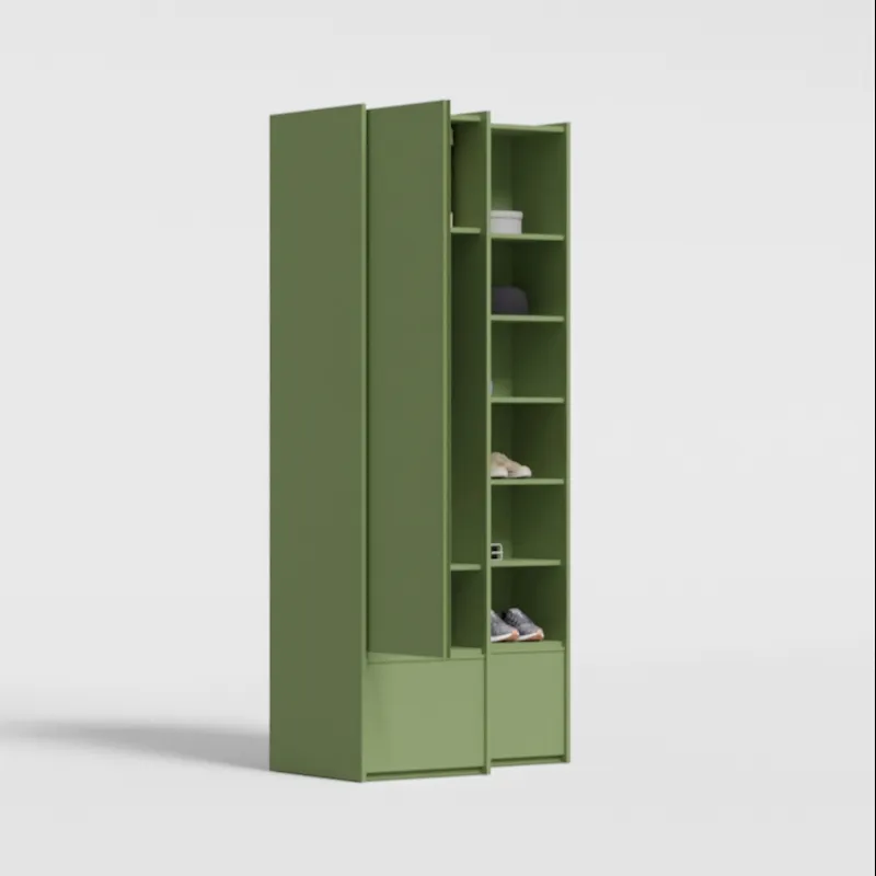 Wardrobe in Olive Green, two columns — external drawers and rail