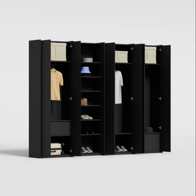 Wardrobe in Onyx, four columns — internal drawers and rail