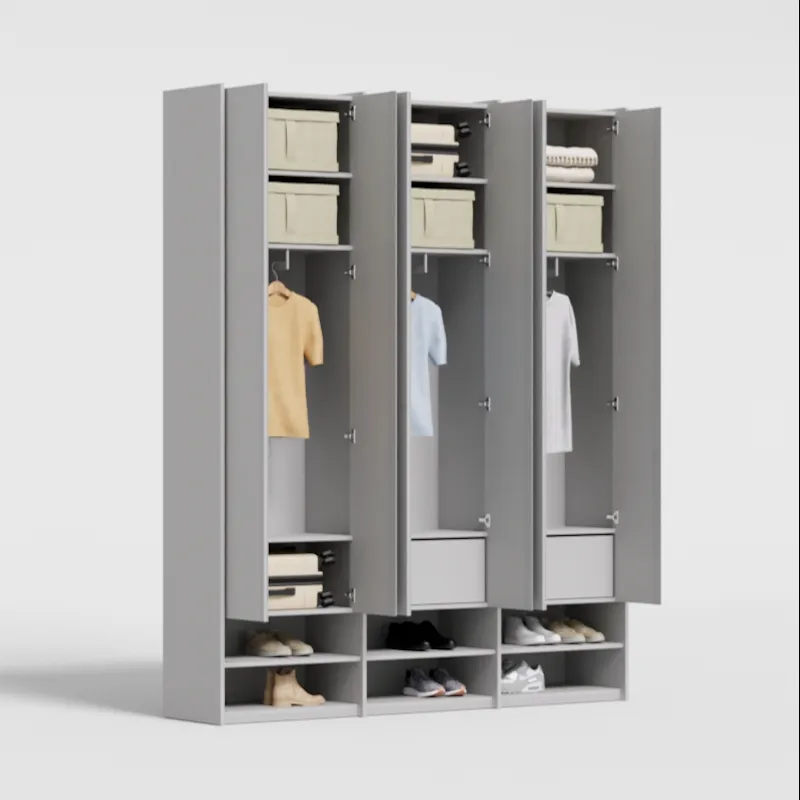 Wardrobe in Light Silver, three columns — internal drawers and rail