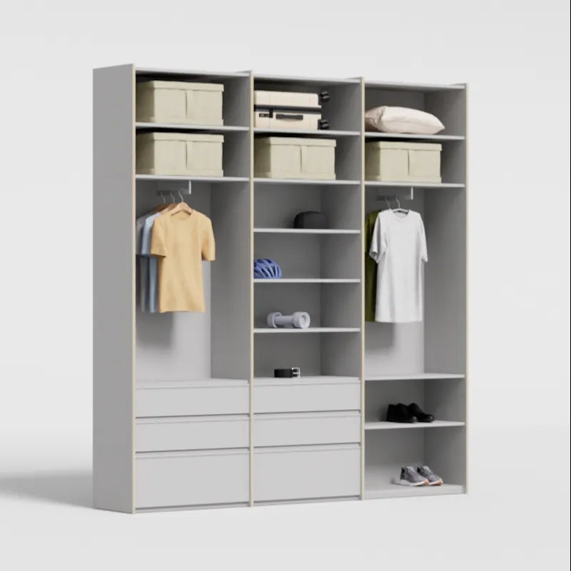 Wardrobe in Light Silver, three columns — external drawers and rail